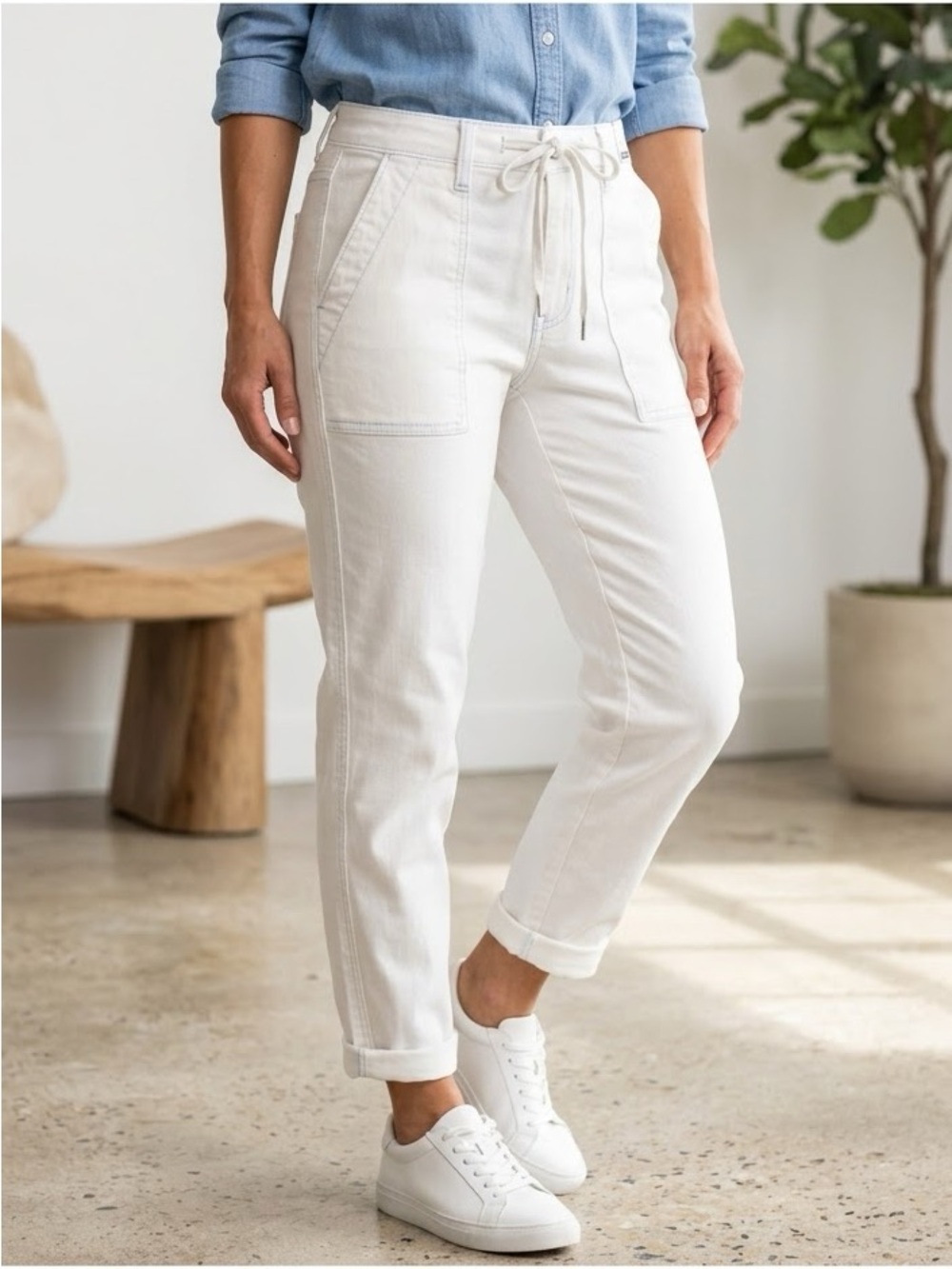 Judy Blue Off-White High-Rise Drawstring Utility Jeans